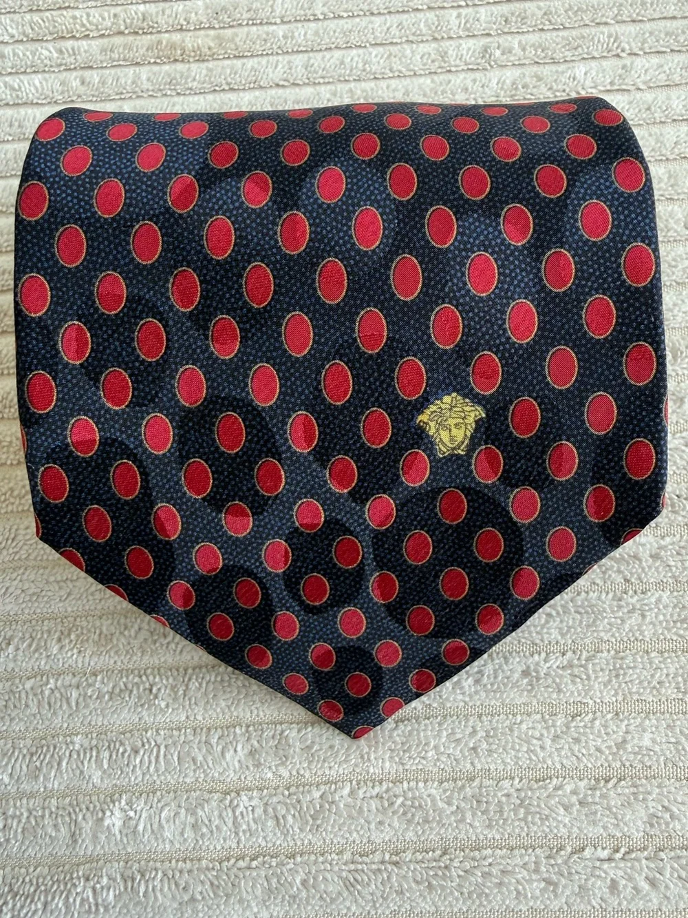 Versace Black Silk Tie with Red Polka Dots and Gold Medusa